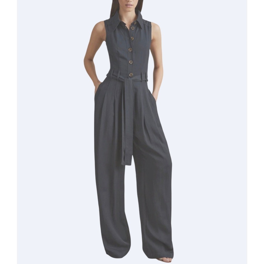 Reiss Jumpsuit Wide Leg Perla Sleeveless Navy Blue Linen Blend Belted‎ US 8 NEW